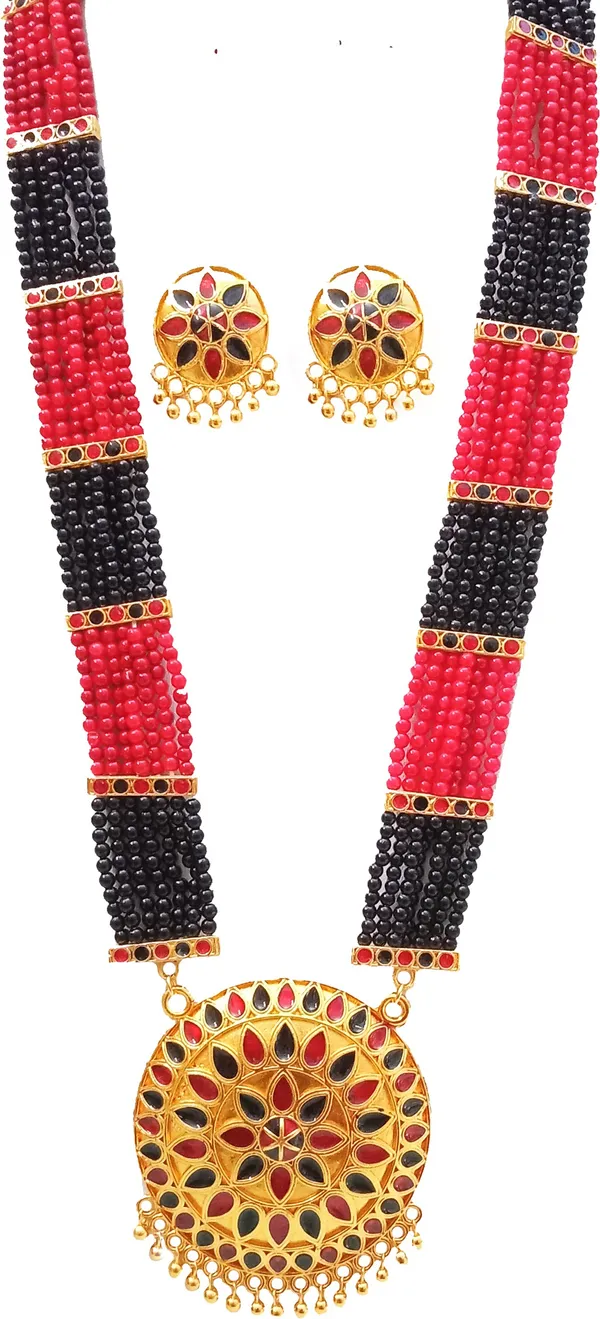 Assamese_Traditional_Gold_Plated_Red_Black_Colour_Japi_Tassel_Jewellery_Set_For_Women